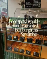A photo of a bakery display case filled with various pastries, with a large text overlay promoting Edinburgh food spots.