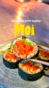 A vlog-style review of MOI in Soho, highlighting the Japanese restaurant upstairs and the listening bar downstairs. The creator shares their thoughts on the sushi, wagyu, and cocktails, recommending it as a date night spot.