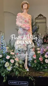 A visual tour of the Fleurs de Villes Diana exhibition at Somerset House, featuring mannequins intricately decorated with fresh flowers to celebrate the life and style of Princess Diana.