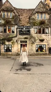 A short, aesthetic reel showcasing a historic tea room in the Cotswolds, featuring exterior and interior shots, including a fireplace and a tea service.