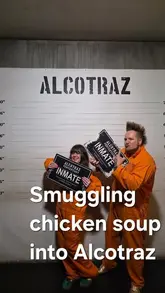 A group of friends visits an immersive prison-themed cocktail bar called Alcotraz, where they wear orange jumpsuits, interact with actors playing prison wardens, and enjoy cocktails served in metal cups.
