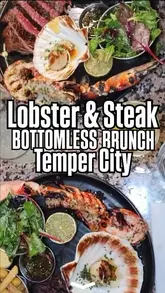 A review of a bottomless brunch experience at Temper City, featuring shots of the open kitchen, the steak and lobster surf & turf, various cocktails, and the live music atmosphere.