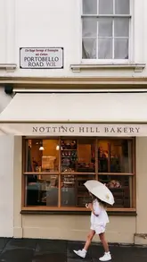 A short, aesthetic montage featuring three different bakeries in Notting Hill, highlighting their shop fronts and signature pastries.