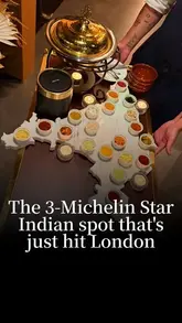 A high-quality montage showcasing the 12-course signature tasting menu at Trésind Mayfair, featuring theatrical food presentation, intricate plating, and the elegant interior of the restaurant.