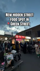A fast-paced, energetic tour of Newham Food Village in Green Street, highlighting the diverse range of Asian street food stalls, refreshing drinks, and desserts available in an outdoor setting.