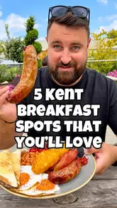 A listicle-style video showcasing five different breakfast spots in Kent, featuring close-up shots of various dishes like pancakes, French toast, and full English breakfasts. The creator appears in several shots, presenting the food to the camera.