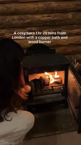A montage showcasing the interior and exterior of Bloomsbury Cottage, highlighting the cozy wood burner, copper bath, and garden setting.