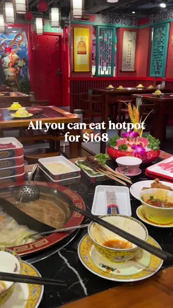 All-you-can-eat hotpot feast at Kowloon Hum Hotpot, featuring soup bases, meats, seafood, desserts, and karaoke rooms.