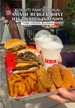Halal smash burgers showcased at HBR, the new burger joint in Victoria, London, celebrating Kuwaiti flavors.