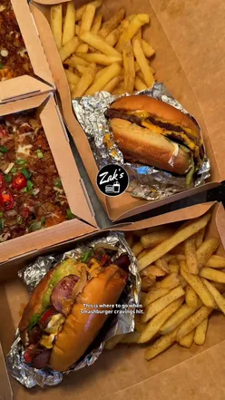 Delicious burgers, loaded fries, and desserts at Zak's Drive Thru in Southside, Glasgow, perfect for comfort food lovers.