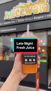 Fresh juice from Juiicewala in Harrow, featuring carrot, apple, and orange. Open late, priced at £5!