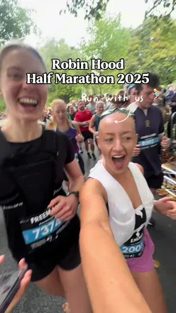 Runner celebrating completing the Robin Hood Half Marathon 2025 with a chip time of 1:52:52.