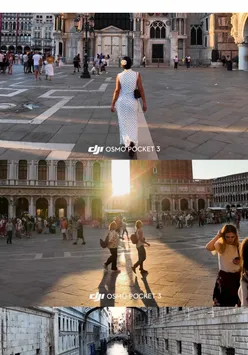 Vlogger capturing smooth shots in Venice with Osmo Pocket 3, showcasing travel highlights and low-light performance.