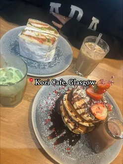 Pancakes and focaccia at Kozi Cafe, a top brunch spot in Glasgow, praised for fresh, tasty dishes and vibrant atmosphere.
