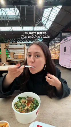 Spicy Bangkok chicken burger and stir-fried larb salad at Fortune Fried Chicken, Old Spitalfields Market, London.