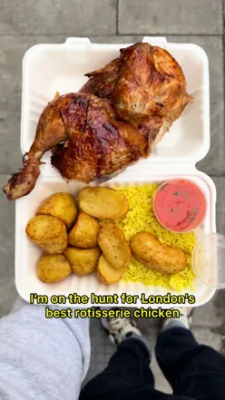 Ecuadorean rotisserie chicken meal with rice, potatoes, and drink at Mr Gallo, Walworth Road, London.