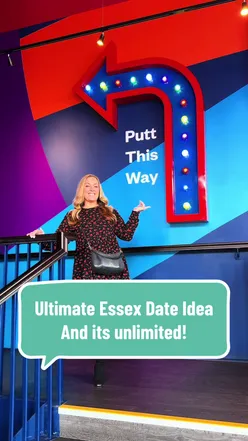 Couple enjoying unlimited golf and tasty dishes at Puttshack in Essex, perfect for a fun date night.