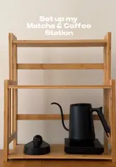 Home matcha and coffee station setup with Miffy decor, featuring cozy mugs and vibrant green matcha.