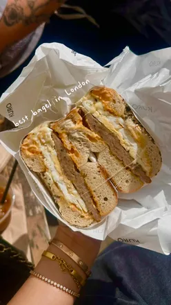Sausage, egg, and cheese bagel from KURO, a top favorite in London for foodies!