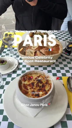 Dining at Chez Janou in Paris, famous for onion soup and chocolate mousse; a must-visit restaurant experience.