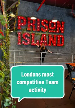 Friends racing through themed challenge rooms at Prison Island London, enjoying teamwork and competitive fun.
