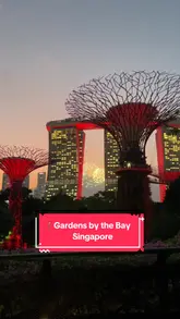 Visitors marvel at the glowing Supertrees and lush scenery in Gardens by the Bay, Singapore, during sunset.