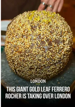 Giant gold leaf Ferrero Rocher gelato at Alba Italian restaurant in Knightsbridge, London—luxurious dessert for chocolate lovers.
