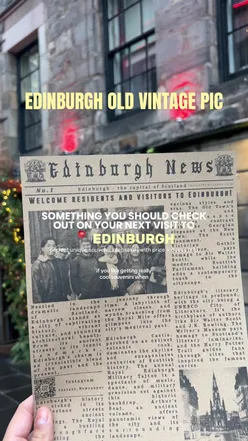 Vintage photo print on Edinburgh newspaper; a unique souvenir at Castlehill, Royal Mile.
