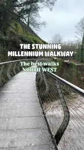 A short, fast-paced travel vlog showcasing the Millennium Walkway in New Mills, featuring scenic views of the river, bridge, and surrounding nature, with a brief mention of the Torr Vale Tap venue.