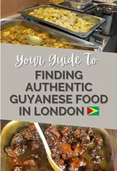 The creator presents a curated list of three Guyanese food spots in London (Shaka's Guyanese Foods, Krazy Kravings, and Pepi's Takeaway). The video combines talking-head segments with handheld footage of the market stalls, menus, food preparation, and final dishes, providing practical information like locations and opening hours.