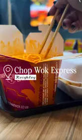 A short promotional video for Chop Wok Express in Keighley, featuring close-up shots of their food, including noodles, chicken tenders, and loaded fries, set to music.