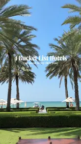 Four bucket-list hotels: The Chedi Muscat, Chalet Al Foss, Port Royal Villas & Spa, and Tivoli Carvoeiro—luxury travel destinations.