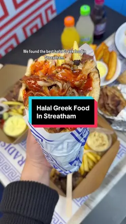 Delicious Greek spread from Pita Paradise in Streatham, featuring lamb gyros, halloumi fries, and sour cherry drinks.