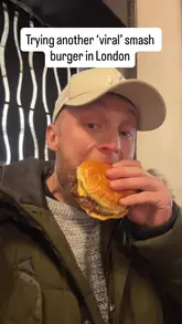 Viral smash burger from Junk in London, featuring crispy edges and tender patties, perfect for a tasty snack.
