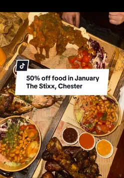 January 50% off food at @thestixxchester! Guests enjoying meals at a vibrant restaurant.