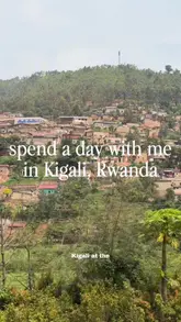 A travel vlog documenting a day in Kigali, Rwanda, featuring visits to a coffee shop, a local market, a restaurant, a gelato shop, the Kigali Genocide Memorial, and a hotel. The video uses a 'spend a day with me' format with voiceover narration.