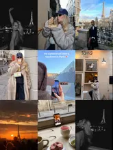 A 3x3 photo collage capturing a weekend trip to Paris, featuring lifestyle shots, iconic landmarks like the Eiffel Tower and the Louvre, and a visit to a local coffee shop.