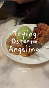 A review of Osteria Angelina in London, featuring a variety of dishes including hamachi, red prawns, cod cheeks, Hokkaido milk bread, duck ragu, pork chop, and kinako cheesecake. The video highlights the buzzy atmosphere and the Japanese-Italian fusion concept.