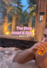 A montage showcasing a stay at The Elms Hotel & Spa, featuring the spa facilities, hotel room, and dining experience.