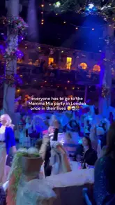 A short, energetic video capturing an immersive Mamma Mia-themed party in London. The footage shows guests dancing, singing along to ABBA, and interacting with performers in a Greek-taverna-style venue, highlighting the lively and communal nature of the event.