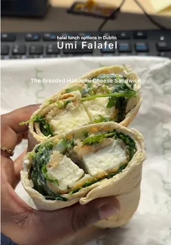Delicious breaded halloumi cheese sandwich and fresh flavors at Umi Falafel, a favorite lunch spot in Dublin.