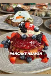 A short, punchy listicle video highlighting three different pancake dishes at various London brunch spots, focusing on close-up, appetizing shots of the food being prepared and served.