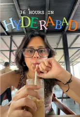A 36-hour travel vlog documenting a trip to Hyderabad, featuring visits to various cafes, a pickleball court, and restaurants serving traditional Telugu cuisine. The creator narrates the experience, highlighting specific dishes like thali, dosa, and irani chai.
