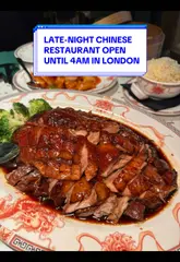 Crispy Peking roast duck dish at Chop Chop London, Four Season Restaurant, The Hippodrome, central London. Great for late-night Chinese food.