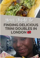 Delicious Trini doubles, a popular Trinidadian street food, with curried chickpeas between two pieces of bara flatbread in London.