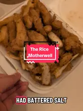 A review of a local takeaway restaurant called The Rice in Motherwell, showcasing various dishes including katsu curry, salt and chilli chips, and honey chilli chicken.