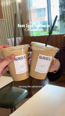 Enjoying the best iced coffee, a Salted Brown Butter Oat Latte, at Kouba in Deansgate, Manchester.