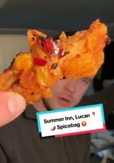 A creator reviews a 'spice bag' from a takeaway called Summer Inn in Lucan, Ireland, while sitting in their car. They enthusiastically describe the quality of the chicken and the spice mix, and dip the chicken into curry sauce, providing a positive review of the takeaway meal.