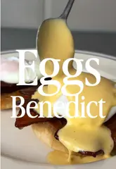 Perfectly plated Eggs Benedict with runny yolks, creamy hollandaise, and crispy bacon, served in a Made In Cookware pan.