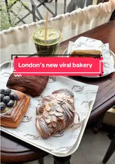 Fred Bakery's blueberry danish, almond croissant, pain suisse, tuna sandwich & iced matcha in Oxford Circus, London.